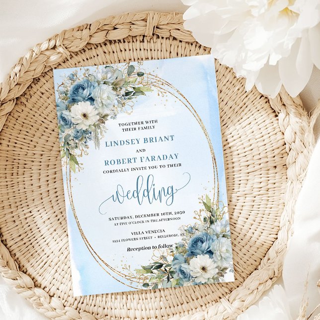 Watercolor Blue Floral Gold Frame Wedding Invite Einladung (Watercolor Blue Floral Gold Frame Wedding Invitation)