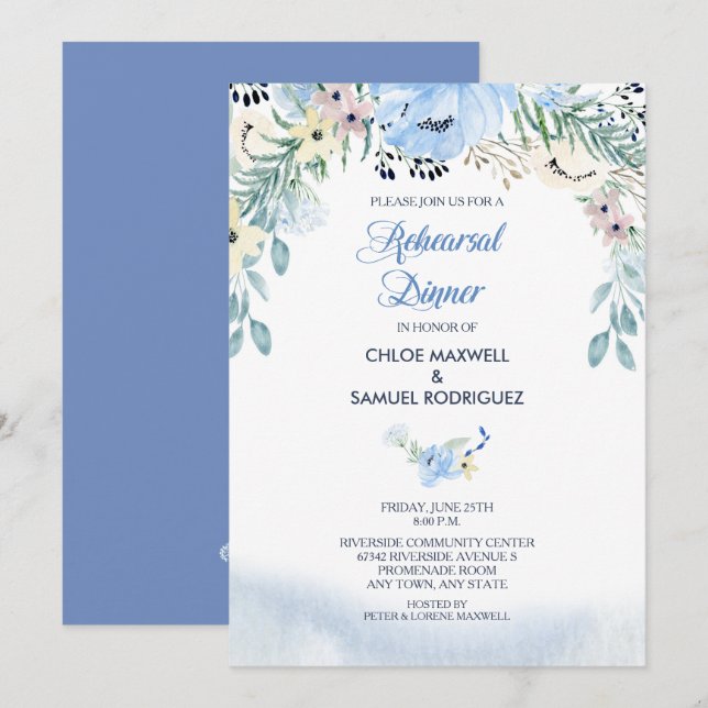 Watercolor Blue Floral Rehearer Dîner Invitation (Devant / Derrière)
