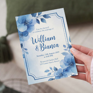 Watercolor Blue Floral Wedding Invitation