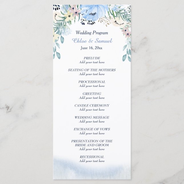 Watercolor Blue Floral Wedding Programme (Devant)