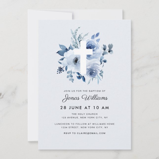 Watercolor blue florals Baptism invitation (Devant)