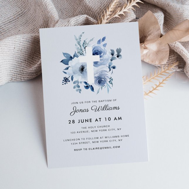 watercolor blue florals Invitation baptême (Créateur téléchargé)