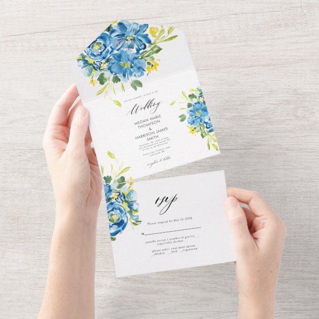Watercolor Blue Flower Wedding Invitation All In One Einladung (Abreißen)