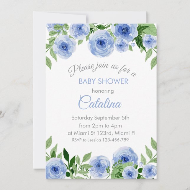 Watercolor Blue Flowers Baby Shower Invitation (Devant)