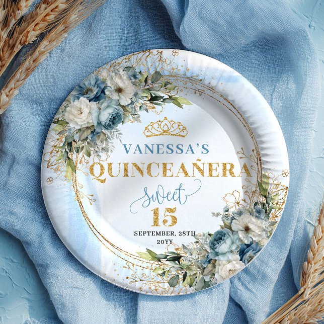 Watercolor Blue Flowers Gold Custom Name Quince  Pappteller (Watercolor Blue Flowers Gold Custom Name Quince Plates)
