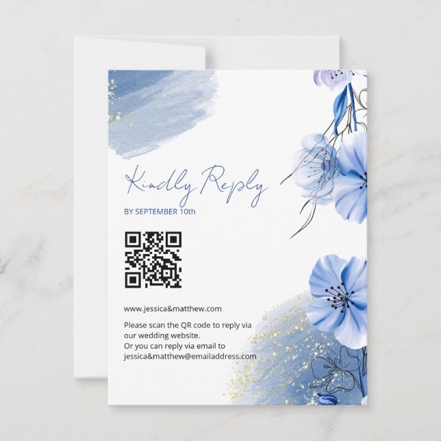 Watercolor Blue Flowers Wedding RSVP Karte (Vorderseite)