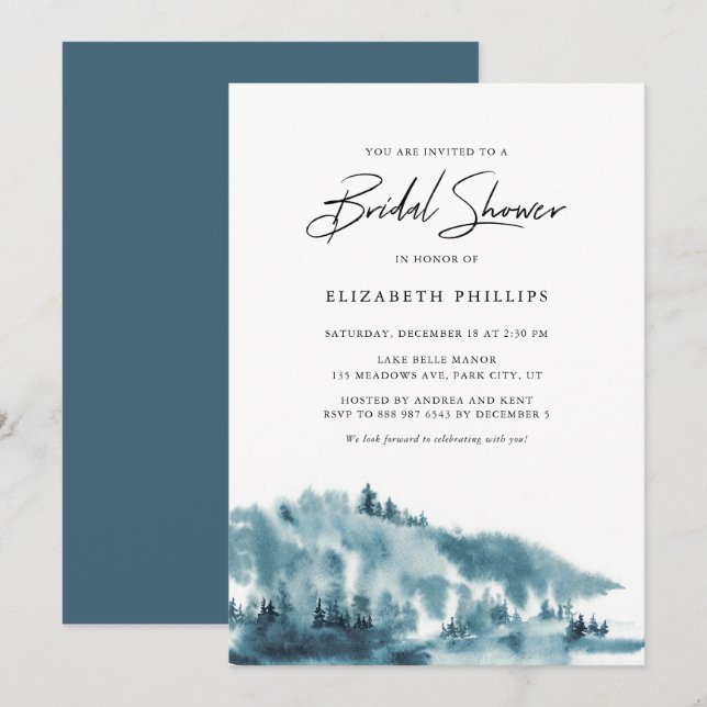 Watercolor Blue Forest Winter Brautparty Einladung (Vorne/Hinten)