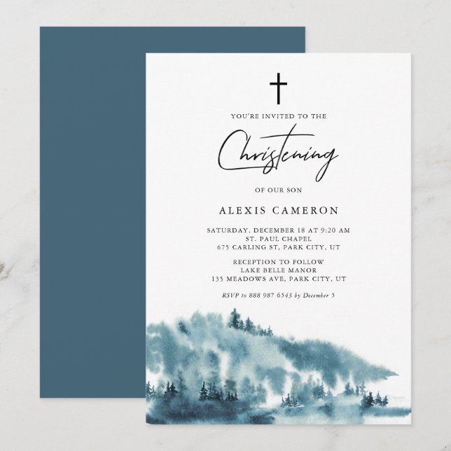 Watercolor Blue Forest Winter Christening Einladung (Vorne/Hinten)
