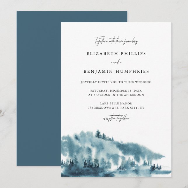Watercolor Blue Forest Winter Wedding Einladung (Vorne/Hinten)