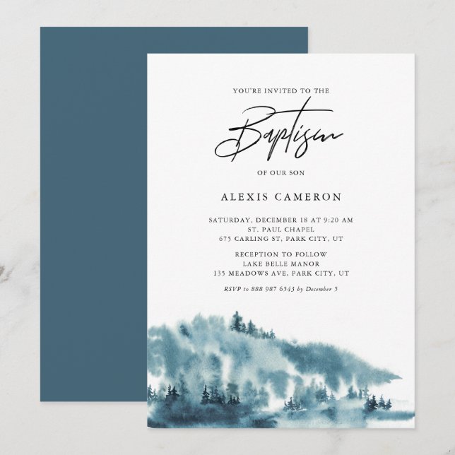 Watercolor Blue Forest Wintertaufe Einladung (Vorne/Hinten)