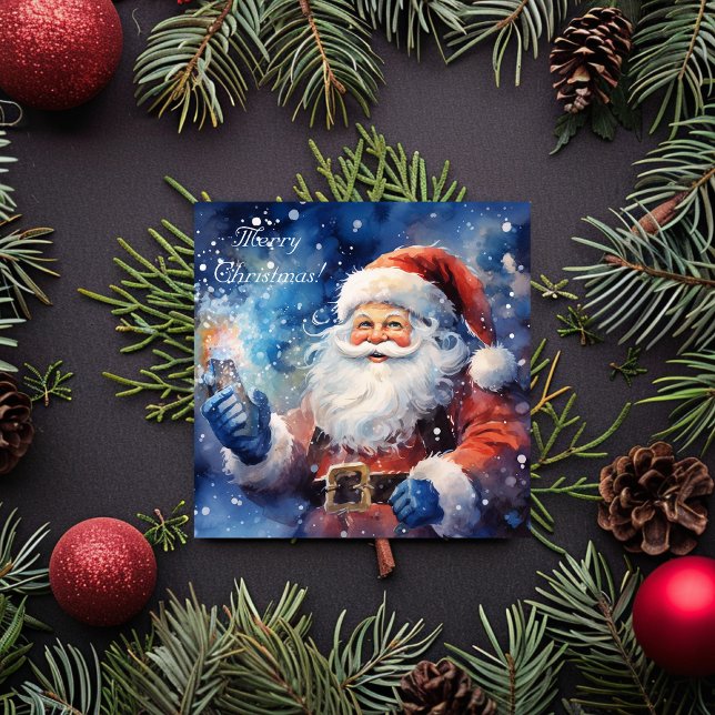 Watercolor Blue Frohe Weihnachten Weihnachtsmann (Watercolor Blue Merry Christmas Santa Claus Holiday Card)