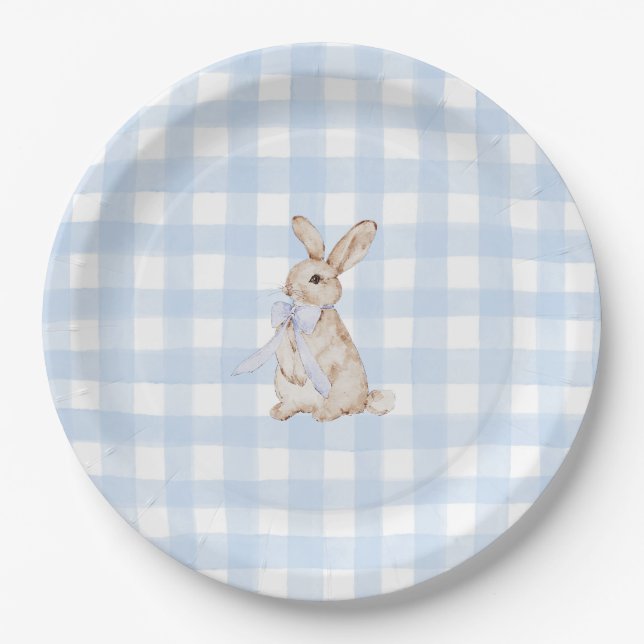 Watercolor Blue Gingham Bunny Pappteller (Vorderseite)