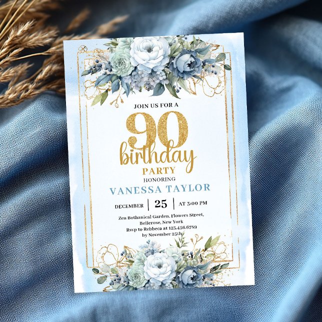 Watercolor Blue Gold Glow 90th Birthday Invitation Einladung (Watercolor Blue Gold Glow 90th Birthday Party Invite)