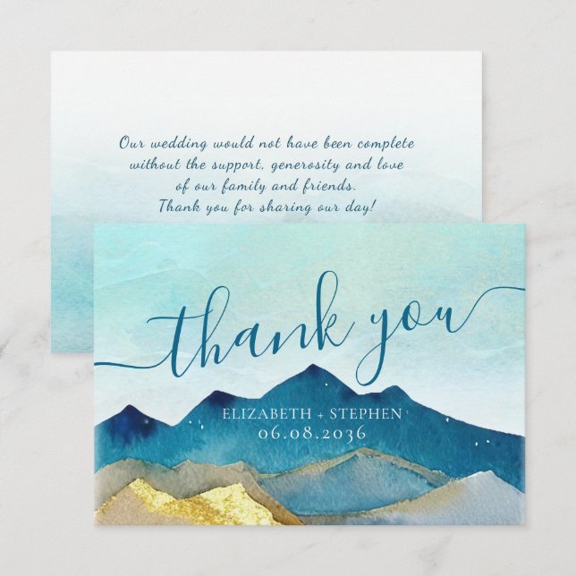 Watercolor Blue & Gold Mountains Wir danken Ihnen  Dankeskarte (Vorne/Hinten)