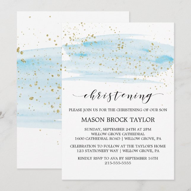 Watercolor Blue & Gold Sparkon Christening Einladung (Vorne/Hinten)