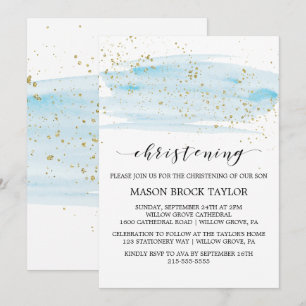 Watercolor Blue & Gold Sparkon Christening Einladung