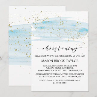 Watercolor Blue & Gold Sparkon Christening Einladung