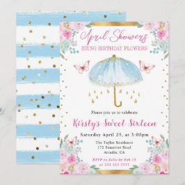 Watercolor Blue Gold Spring Umbrett 16 . Geburtsta Einladung
