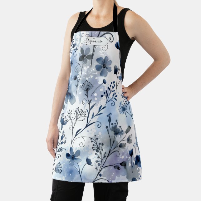 Watercolor Blue Gray Floral Pattern Personalized Schürze (InSitu)