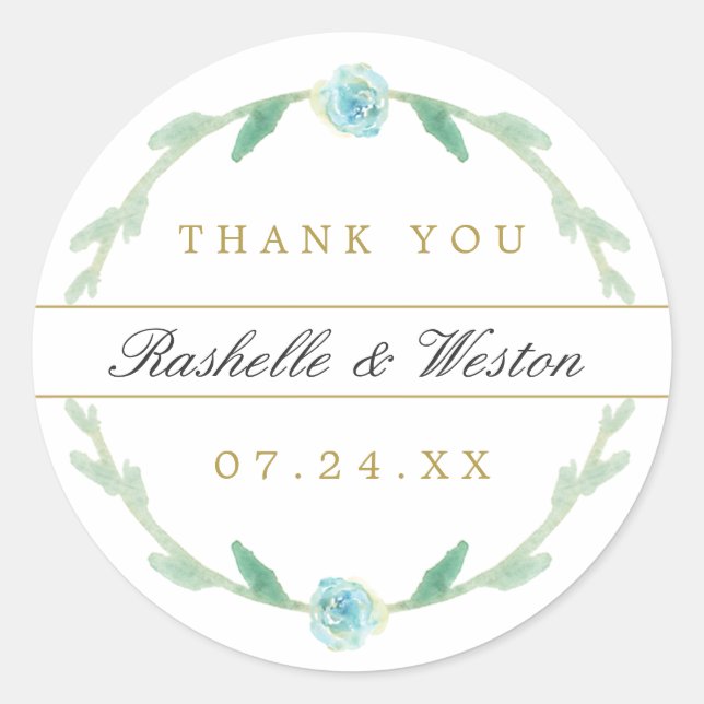 Watercolor Blue Green Wedding Danke Stickers (Vorderseite)