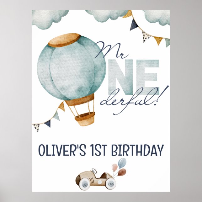 Watercolor Blue Hot Air Ballon Mr ONEderful Boy Poster (Vorne)