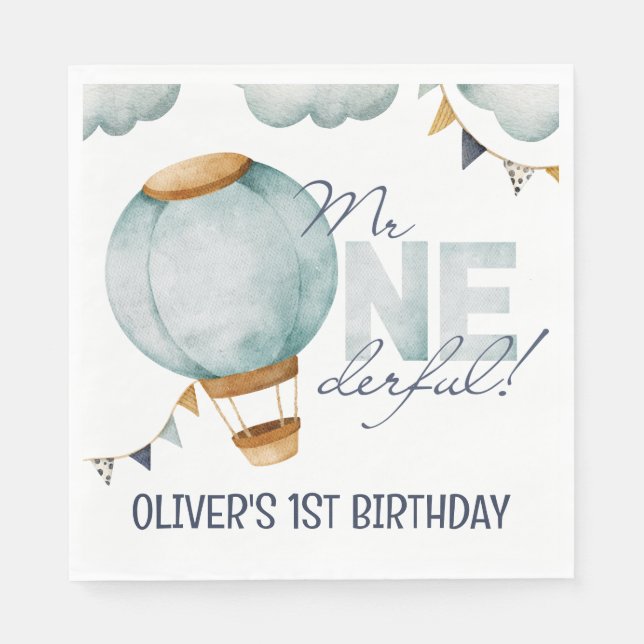 Watercolor Blue Hot Air Ballon Mr ONEderful Boy Serviette (Vorderseite)