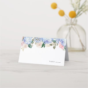 Watercolor Blue Hydrangea and Pink Roses Floral Platzkarte