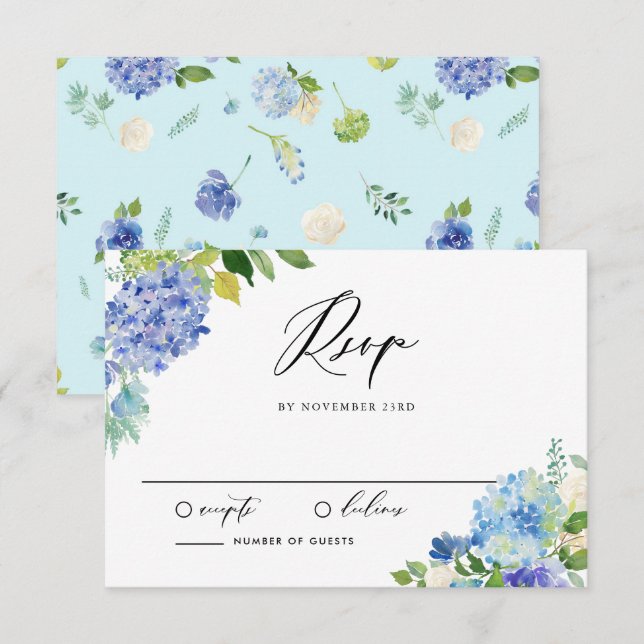 Watercolor Blue Hydrangea Bouquet Wedding RSVP Karte (Vorne/Hinten)
