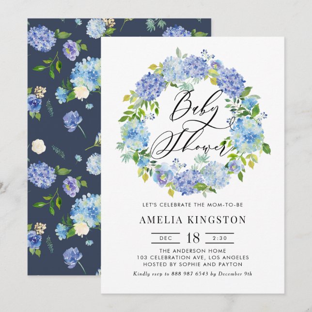 Watercolor Blue Hydrangea Wreath Baby Dusche Einladung (Vorne/Hinten)