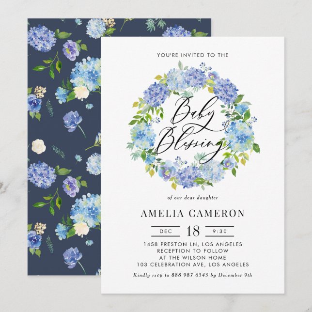 Watercolor Blue Hydrangea Wreath Baby Sessing Einladung (Vorne/Hinten)