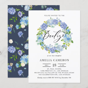 Watercolor Blue Hydrangea Wreath Bautizo Einladung