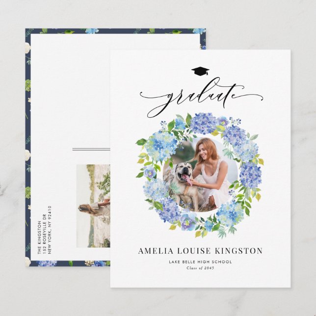 Watercolor Blue Hydrangea Wreath Foto Abschluss Ankündigungspostkarte (Vorne/Hinten)