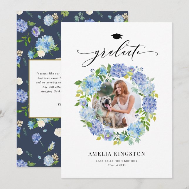 Watercolor Blue Hydrangea Wreath Foto Abschluss Einladung (Vorne/Hinten)