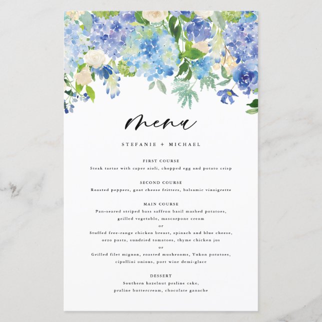 Watercolor Blue Hydrangeas Wedding Menu Card (Vorderseite)