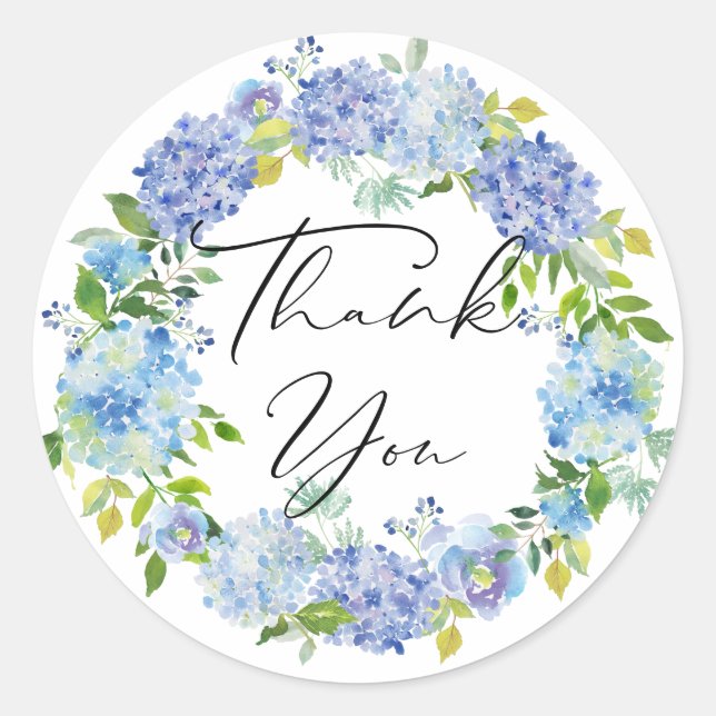 Watercolor Blue Hydrangeas Wreath Vielen Dank Runder Aufkleber (Vorderseite)
