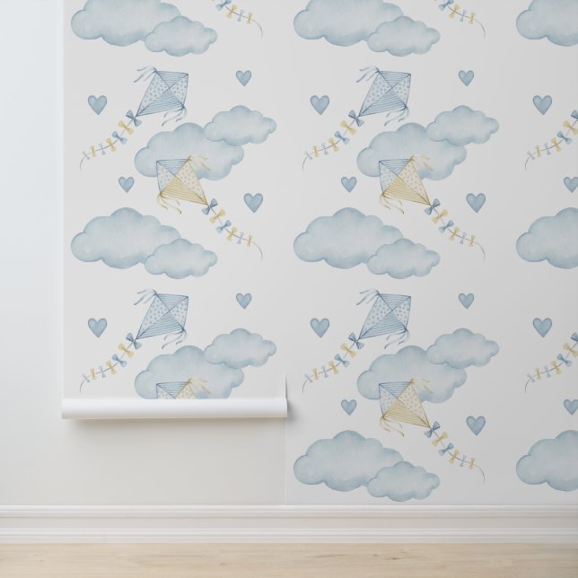 Watercolor Blue Kites Clouds Baby Boy Kinderzimmer Tapete (Anwendung)
