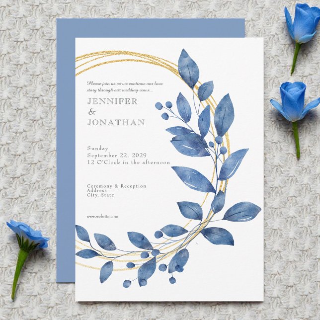 Watercolor Blue Leaves Gold Wedding Invitation (Créateur téléchargé)
