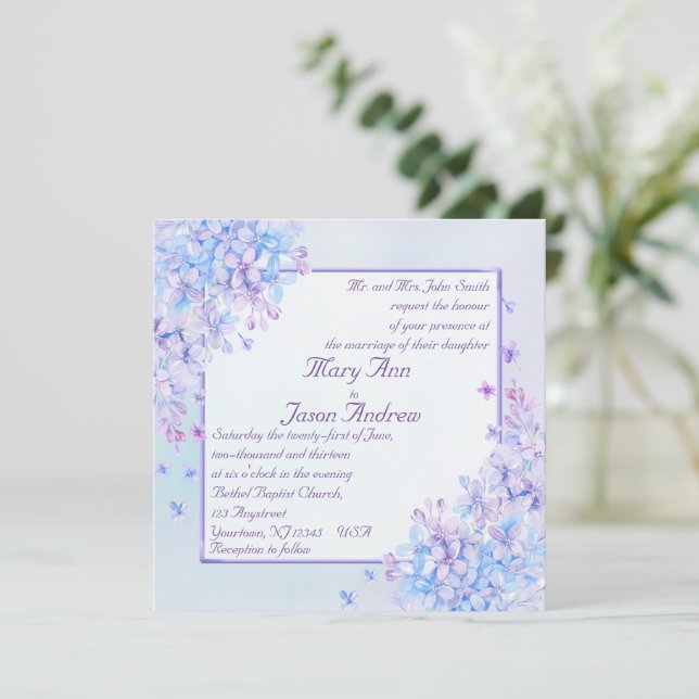 Watercolor Blue Lila Lilac Blume Einladende Karte (Stehend Vorderseite)