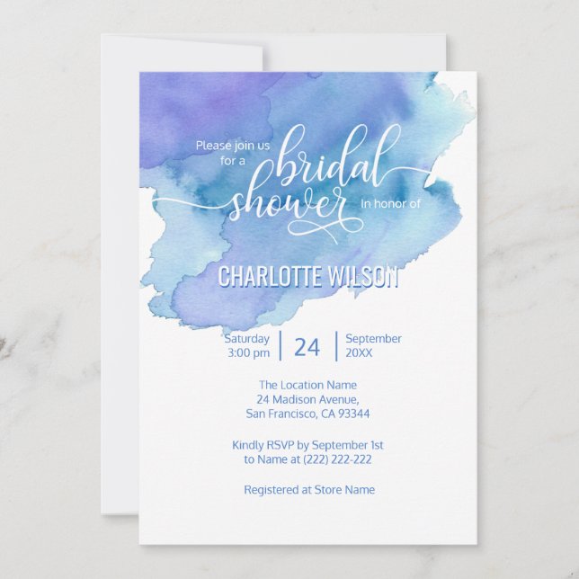 Watercolor Blue Lila Wedding Brautparty Einladung (Vorderseite)