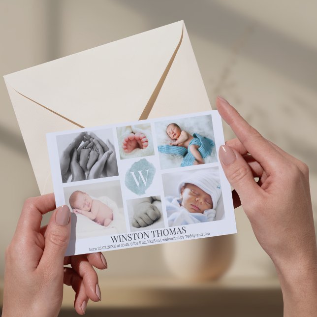 Watercolor Blue Monogram Foto Collage Boy Birth Ankündigung (Von Creator hochgeladen)