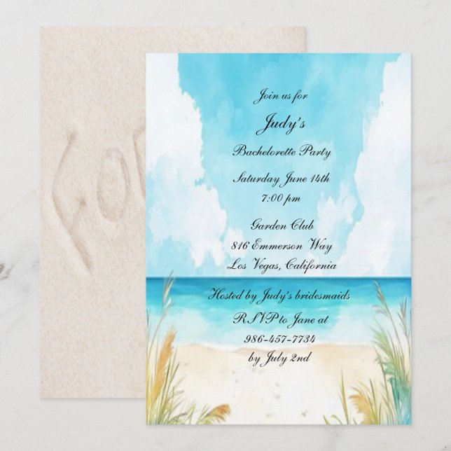 Watercolor Blue Ocean Beach Junggeselinnen-Abschie Einladung (Vorne/Hinten)