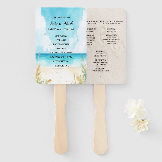 Watercolor Blue Ocean Beach Wedding Program Fans Fächer (Vorne und Hinten)