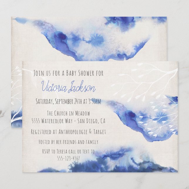 Watercolor Blue Ombre Kinderdusche Einladungen (Vorne/Hinten)