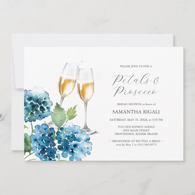 Watercolor Blue Petals & Prosecco Bridal Shower Einladung (Vorderseite)