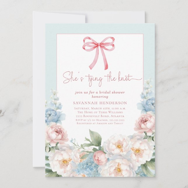 Watercolor Blue Pink Floral Bow Bridal Shower Einladung (Vorderseite)