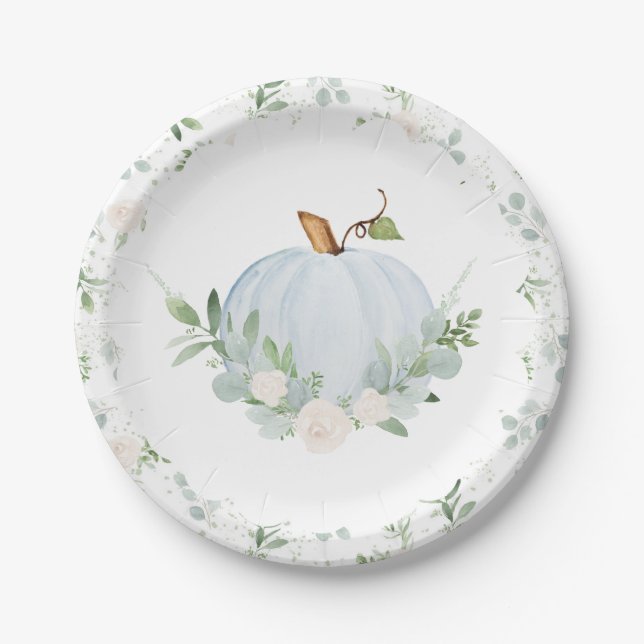 Watercolor Blue Pumpkin Autumn Baby Dusche Pappteller (Vorderseite)