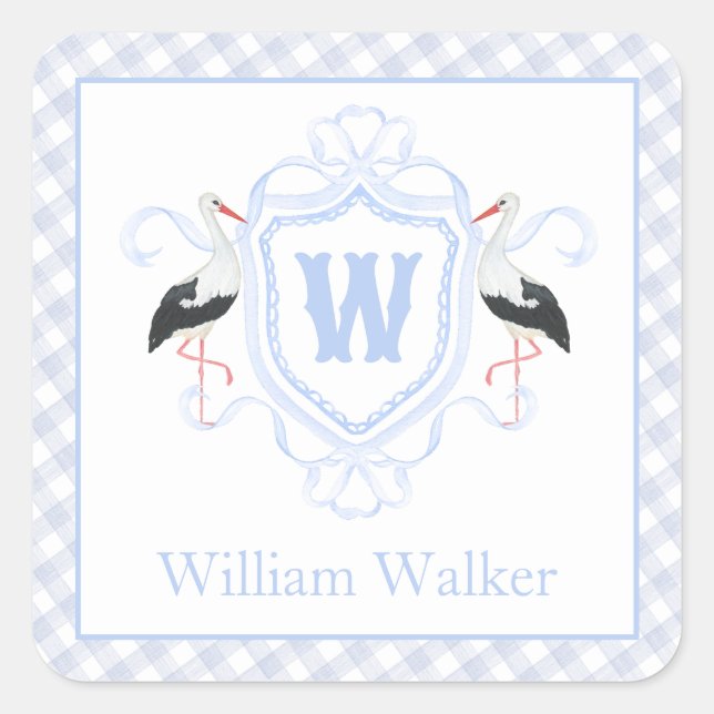 Watercolor Blue Stork Gingham Monogram Crest Quadratischer Aufkleber (Vorderseite)