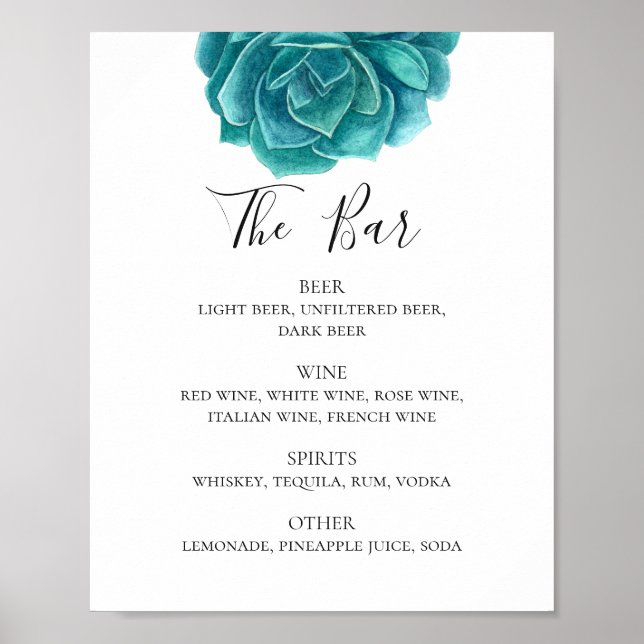 Watercolor blue succulent. Cactus wedding drinks Poster (Vorne)