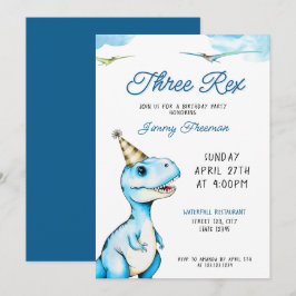 Watercolor Blue Three Rex Dinosaurier Geburtstag Einladung