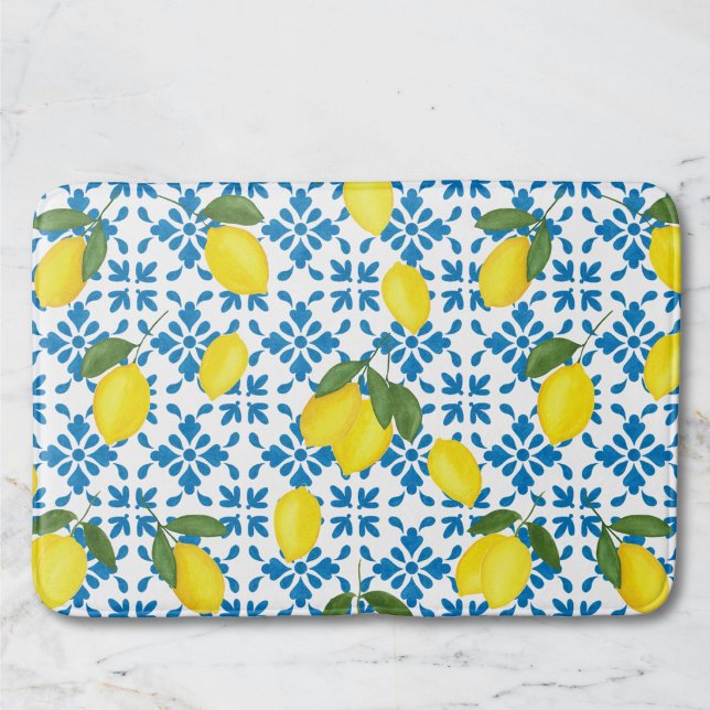 Watercolor Blue Tile Yellow Lemon Watercolor Badematte (Von Creator hochgeladen)